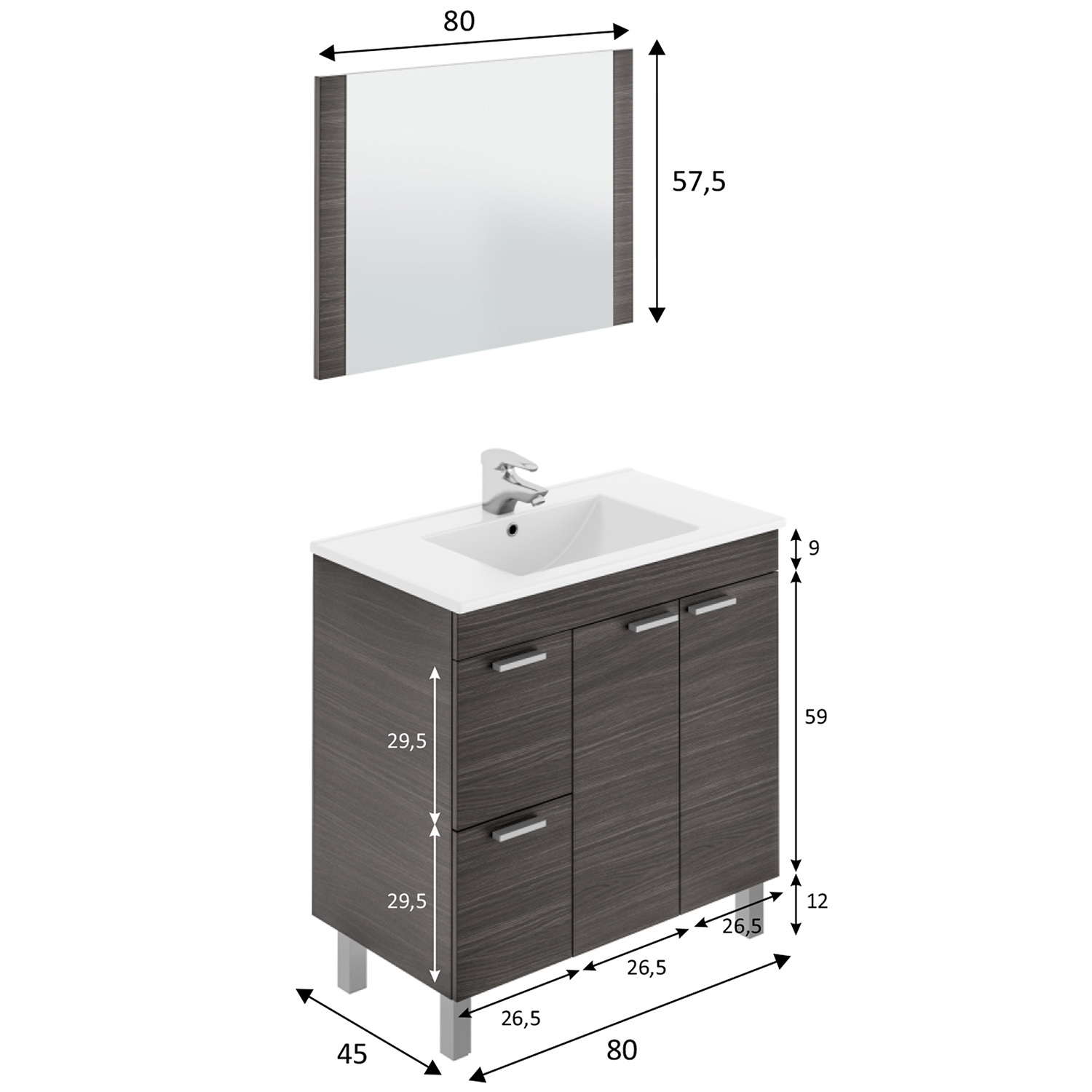 Mueble baño adam 2p2c 80cm gris cnza con espejo, sin lavabo - Topambientes  2023
