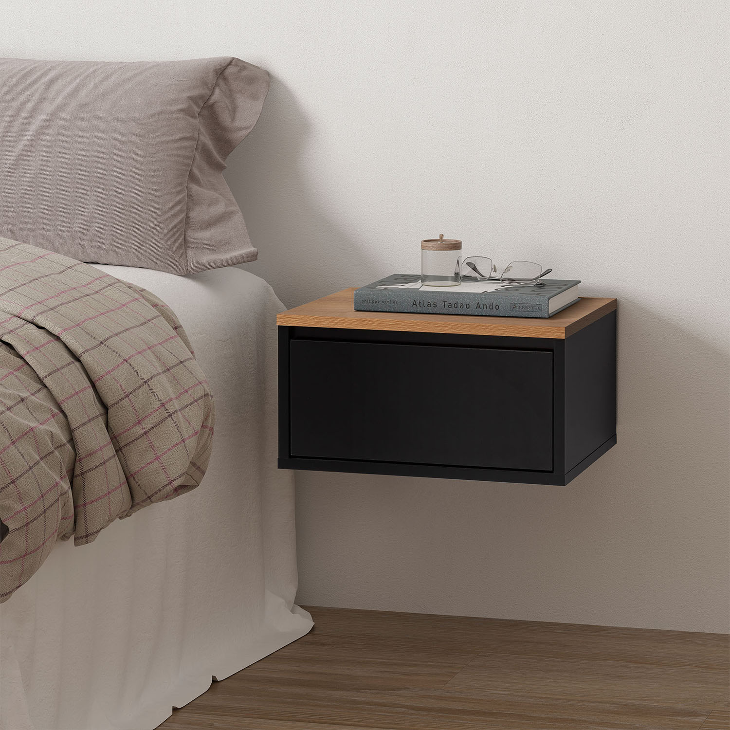 Mesita Flotante Desi Negro Roble Ambiente